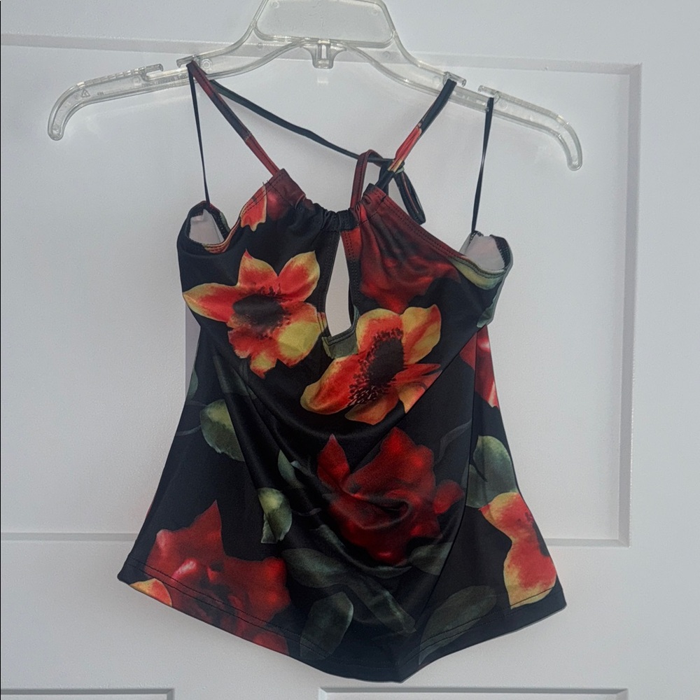 Princess Polly Black Camisole with Red and Yellow Floral Design
